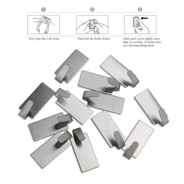 12pcs Strong Self Adhesive Stainless Steel Towel Mop Hooks Hat Hangers For Hanging Kitchen Bedroom Bathroom - Image 4