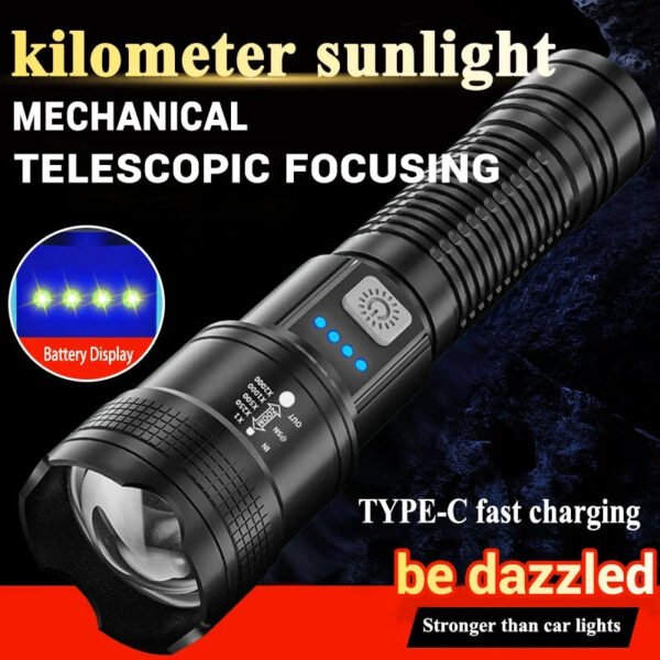 High Strong Power Led Flashlights 2000LM Tactical Torch with Display Light USB Charging Camping Fishing Emergency Zoom Lantern - Image 9